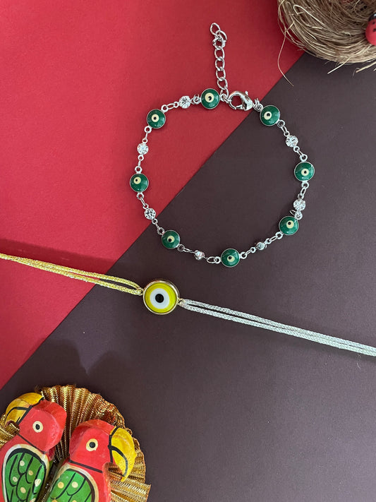 (Set of 2) Yellow/Green Evil Eye Charm Bracelet Rakhi Lumba