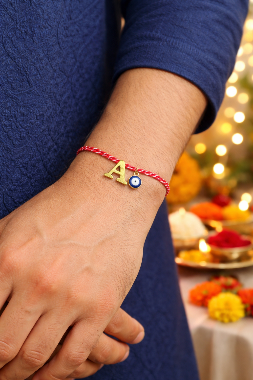 A TO Z Name Initial Letter Rakhi Bracelet With Dark Blue Evil Eye Charm for Bhai Bhaiya