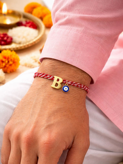 A TO Z Name Initial Letter Rakhi Bracelet With Dark Blue Evil Eye Charm for Bhai Bhaiya