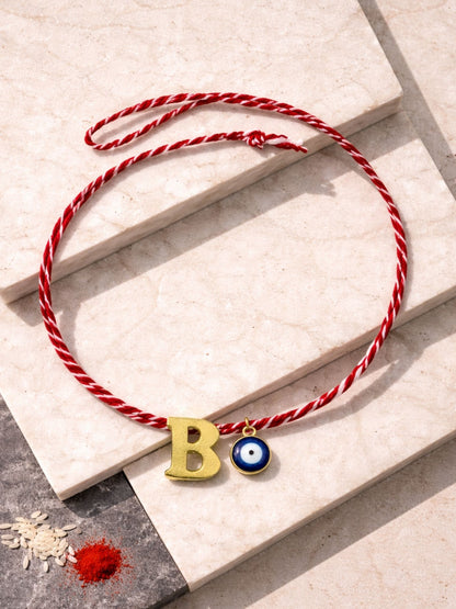 A TO Z Name Initial Letter Rakhi Bracelet With Dark Blue Evil Eye Charm for Bhai Bhaiya