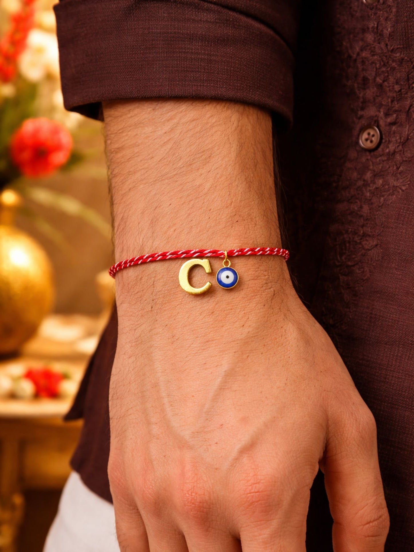 A TO Z Name Initial Letter Rakhi Bracelet With Dark Blue Evil Eye Charm for Bhai Bhaiya