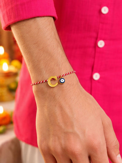 A TO Z Name Initial Letter Rakhi Bracelet With Dark Blue Evil Eye Charm for Bhai Bhaiya