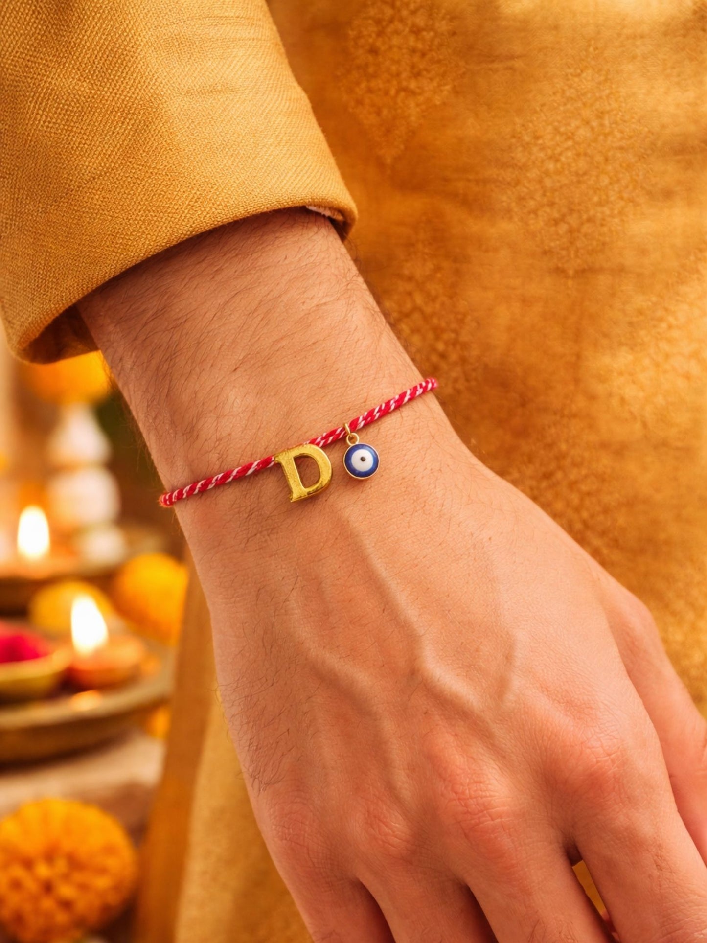 A TO Z Name Initial Letter Rakhi Bracelet With Dark Blue Evil Eye Charm for Bhai Bhaiya