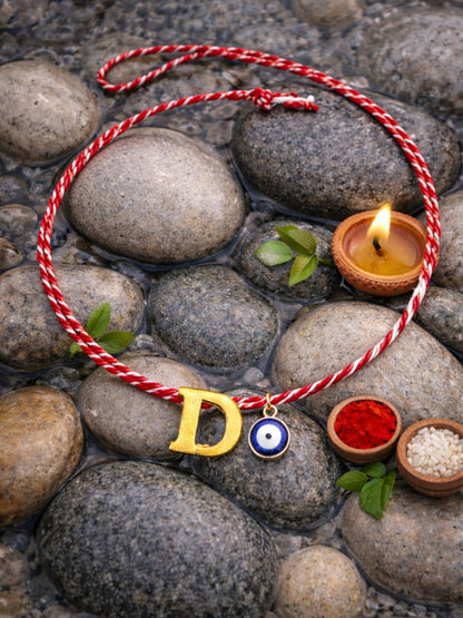 A TO Z Name Initial Letter Rakhi Bracelet With Dark Blue Evil Eye Charm for Bhai Bhaiya