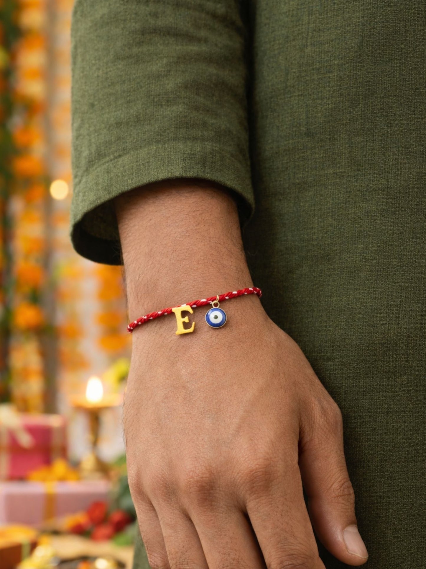 A TO Z Name Initial Letter Rakhi Bracelet With Dark Blue Evil Eye Charm for Bhai Bhaiya