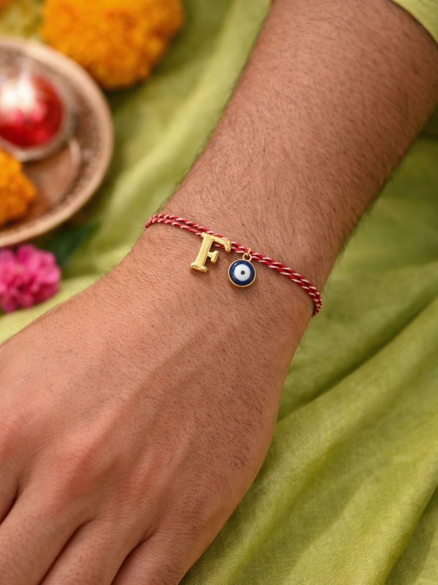 A TO Z Name Initial Letter Rakhi Bracelet With Dark Blue Evil Eye Charm for Bhai Bhaiya