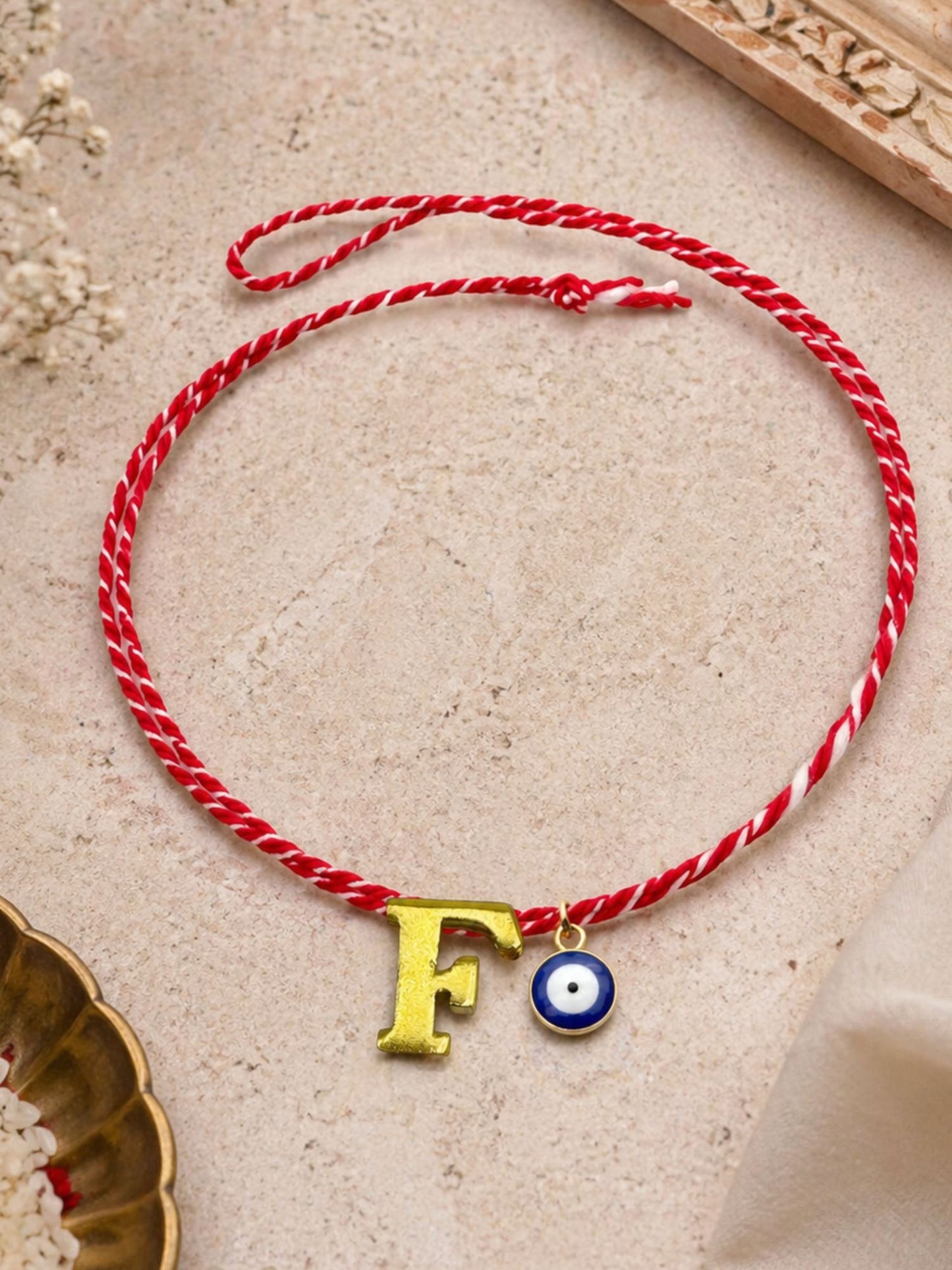 A TO Z Name Initial Letter Rakhi Bracelet With Dark Blue Evil Eye Charm for Bhai Bhaiya