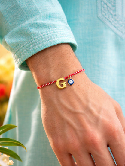 A TO Z Name Initial Letter Rakhi Bracelet With Dark Blue Evil Eye Charm for Bhai Bhaiya