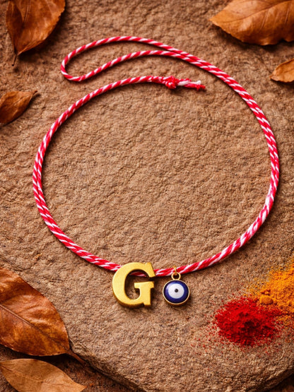 A TO Z Name Initial Letter Rakhi Bracelet With Dark Blue Evil Eye Charm for Bhai Bhaiya