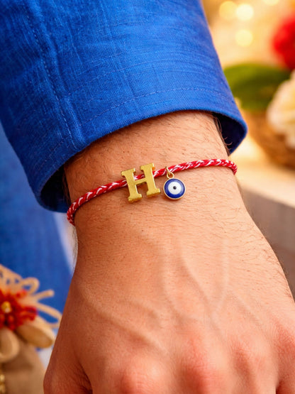 A TO Z Name Initial Letter Rakhi Bracelet With Dark Blue Evil Eye Charm for Bhai Bhaiya