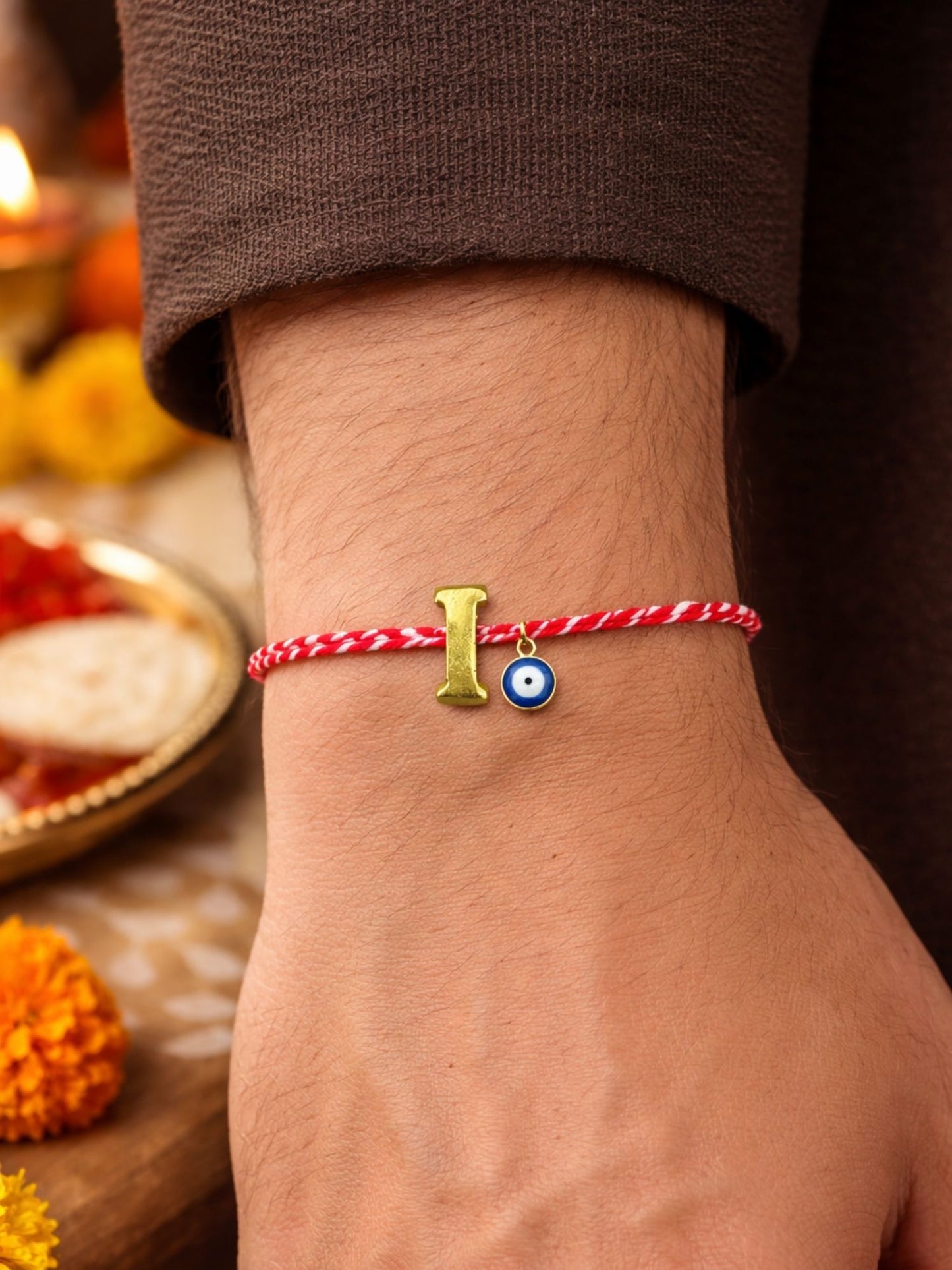 A TO Z Name Initial Letter Rakhi Bracelet With Dark Blue Evil Eye Charm for Bhai Bhaiya