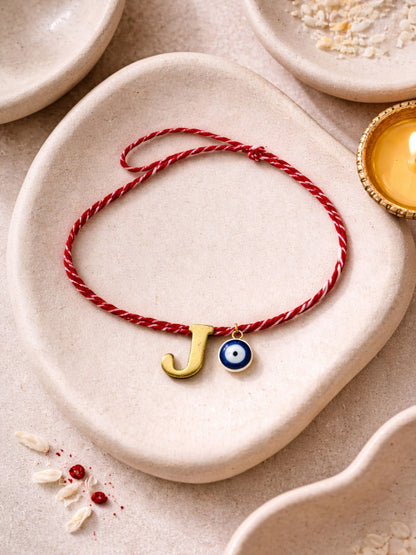 A TO Z Name Initial Letter Rakhi Bracelet With Dark Blue Evil Eye Charm for Bhai Bhaiya