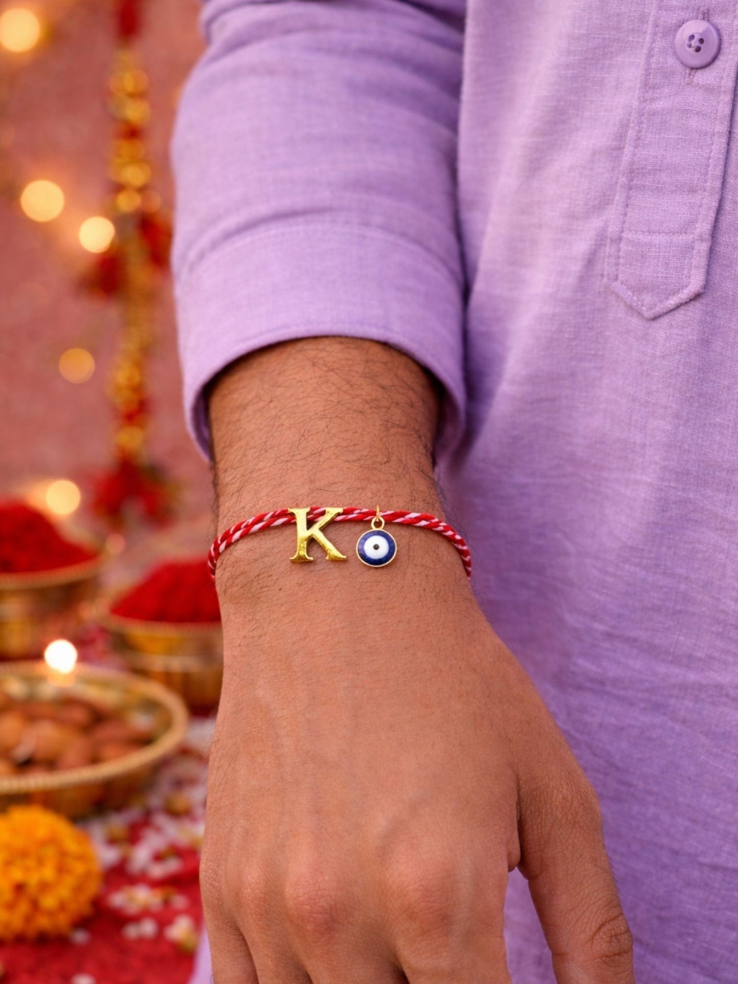 A TO Z Name Initial Letter Rakhi Bracelet With Dark Blue Evil Eye Charm for Bhai Bhaiya