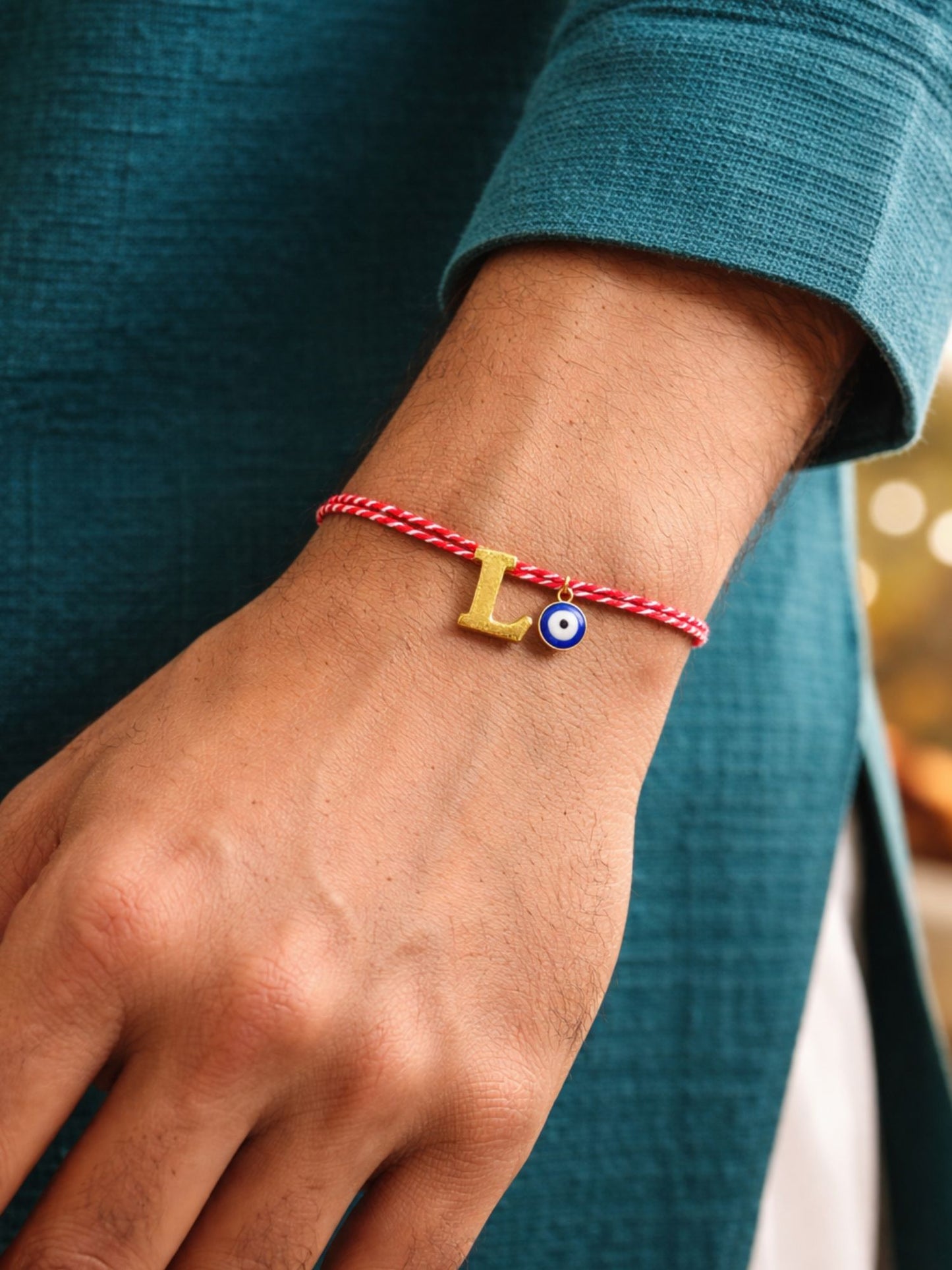 A TO Z Name Initial Letter Rakhi Bracelet With Dark Blue Evil Eye Charm for Bhai Bhaiya