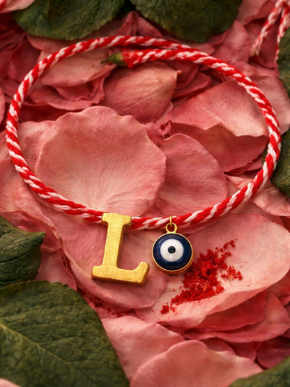 A TO Z Name Initial Letter Rakhi Bracelet With Dark Blue Evil Eye Charm for Bhai Bhaiya