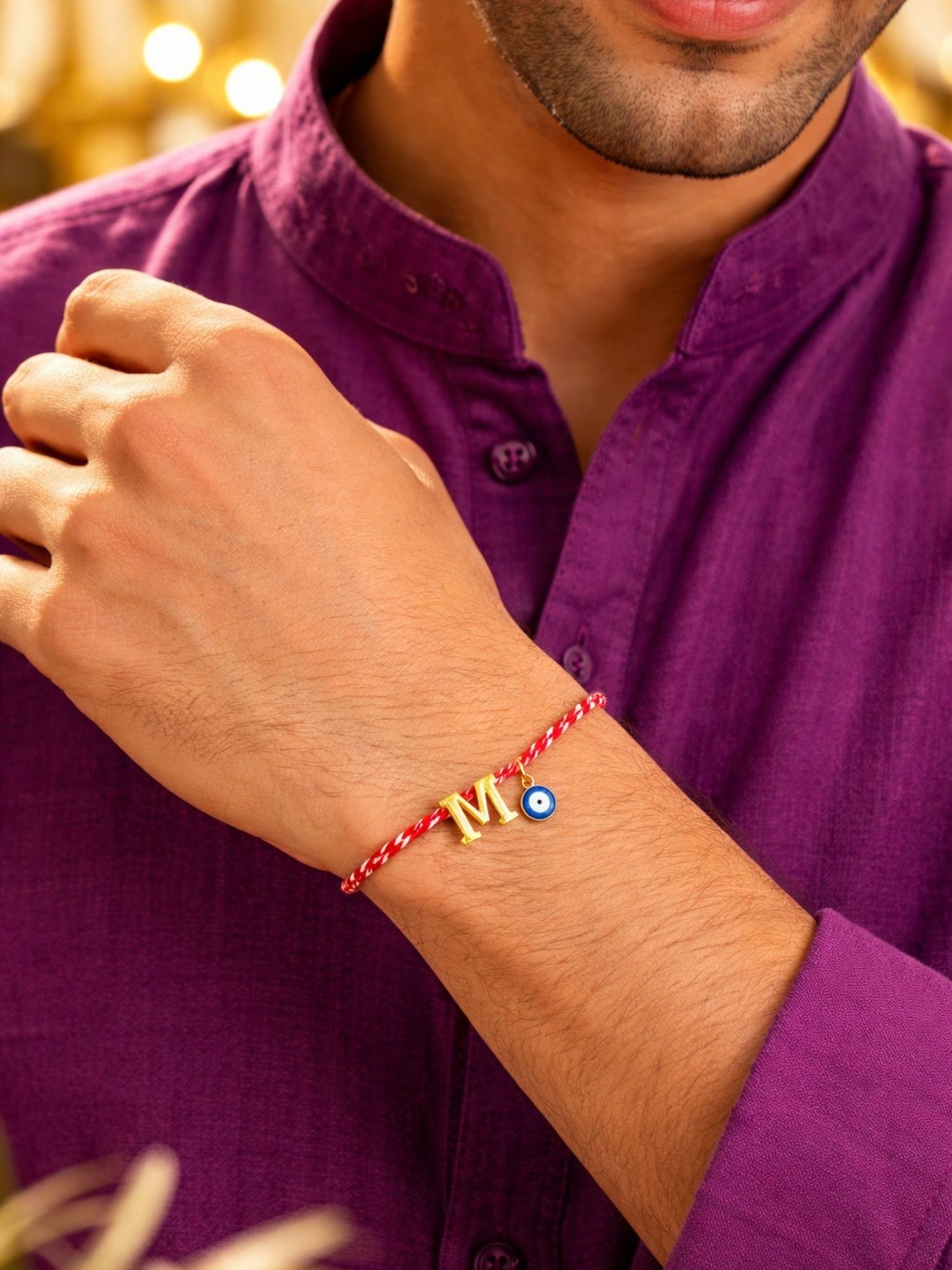 A TO Z Name Initial Letter Rakhi Bracelet With Dark Blue Evil Eye Charm for Bhai Bhaiya
