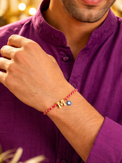 A TO Z Name Initial Letter Rakhi Bracelet With Dark Blue Evil Eye Charm for Bhai Bhaiya