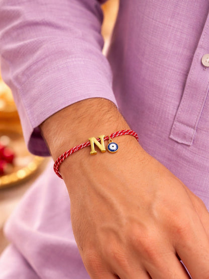 A TO Z Name Initial Letter Rakhi Bracelet With Dark Blue Evil Eye Charm for Bhai Bhaiya