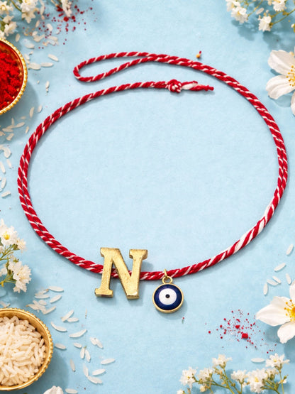 A TO Z Name Initial Letter Rakhi Bracelet With Dark Blue Evil Eye Charm for Bhai Bhaiya