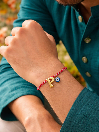 A TO Z Name Initial Letter Rakhi Bracelet With Dark Blue Evil Eye Charm for Bhai Bhaiya