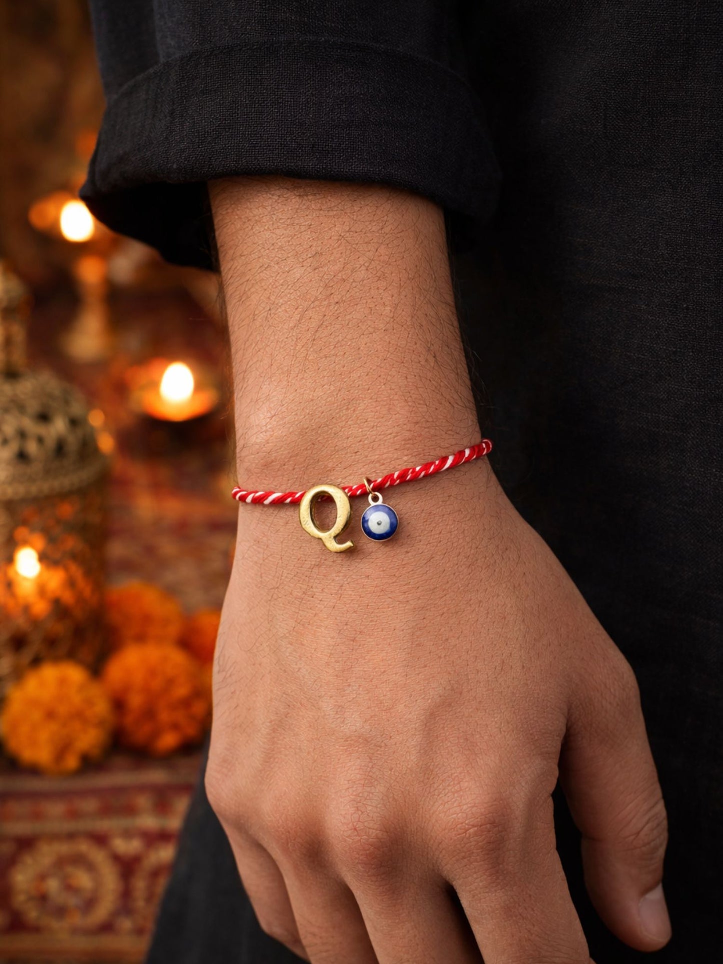 A TO Z Name Initial Letter Rakhi Bracelet With Dark Blue Evil Eye Charm for Bhai Bhaiya