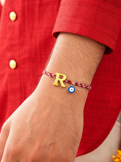 A TO Z Name Initial Letter Rakhi Bracelet With Dark Blue Evil Eye Charm for Bhai Bhaiya