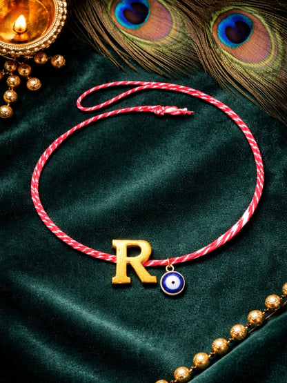 A TO Z Name Initial Letter Rakhi Bracelet With Dark Blue Evil Eye Charm for Bhai Bhaiya