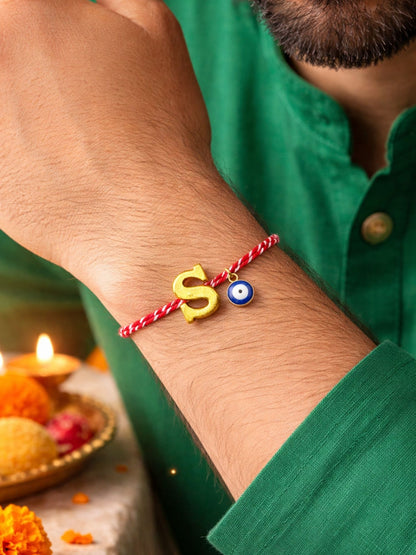 A TO Z Name Initial Letter Rakhi Bracelet With Dark Blue Evil Eye Charm for Bhai Bhaiya