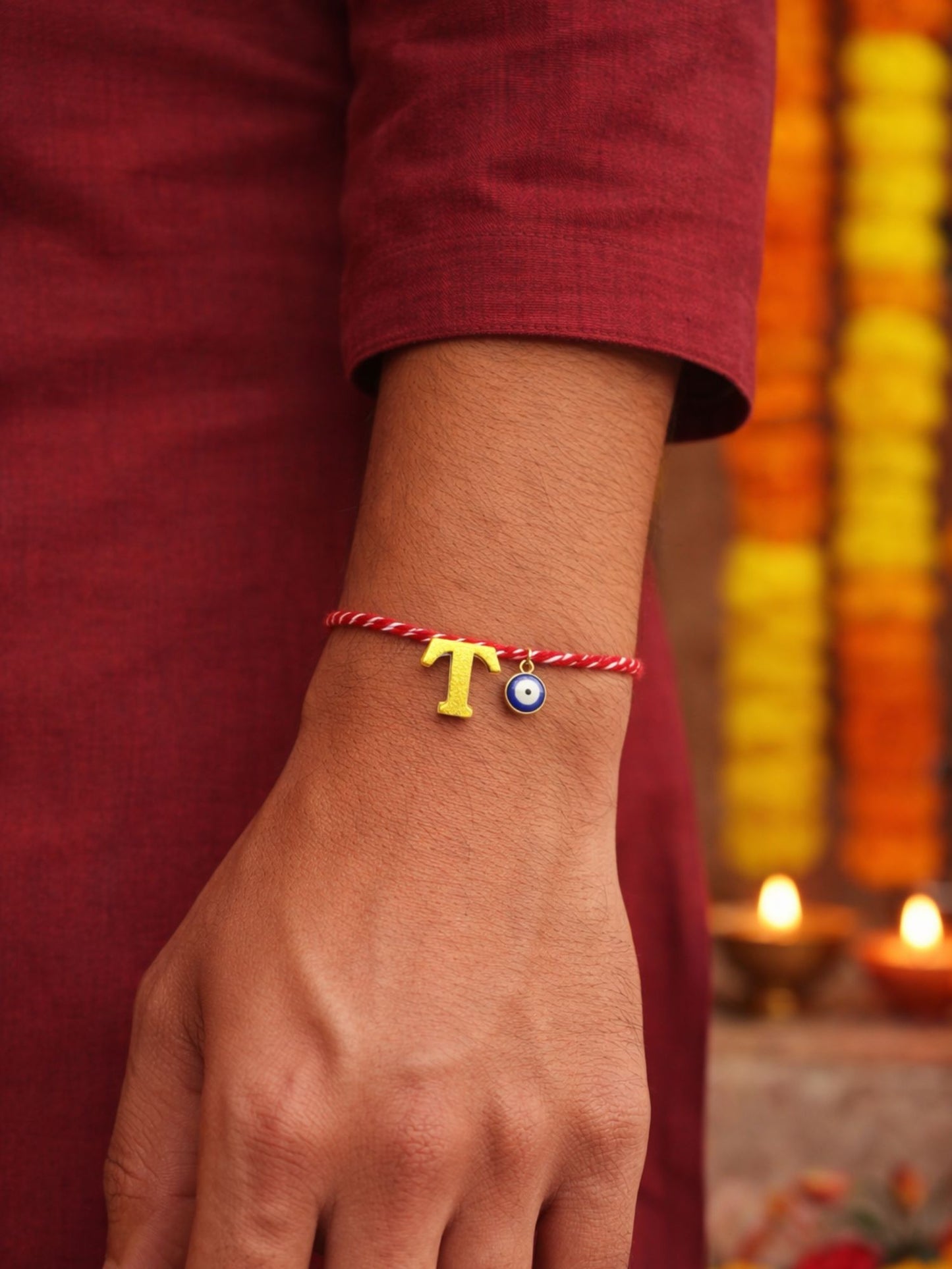 A TO Z Name Initial Letter Rakhi Bracelet With Dark Blue Evil Eye Charm for Bhai Bhaiya