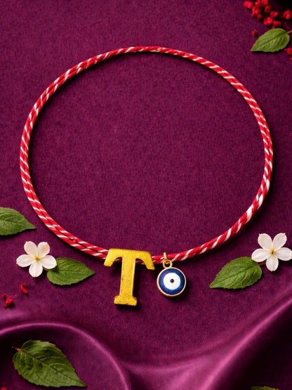 A TO Z Name Initial Letter Rakhi Bracelet With Dark Blue Evil Eye Charm for Bhai Bhaiya
