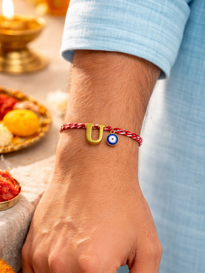 A TO Z Name Initial Letter Rakhi Bracelet With Dark Blue Evil Eye Charm for Bhai Bhaiya