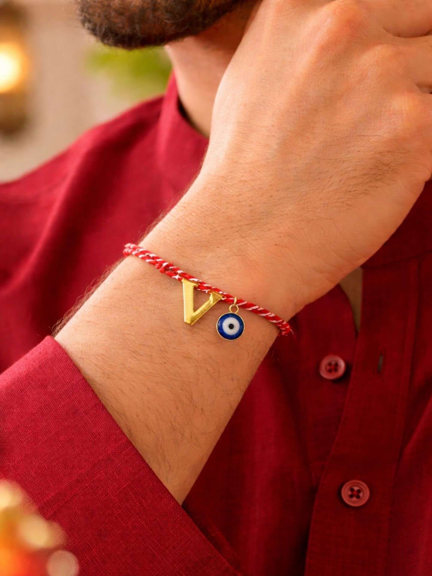 A TO Z Name Initial Letter Rakhi Bracelet With Dark Blue Evil Eye Charm for Bhai Bhaiya