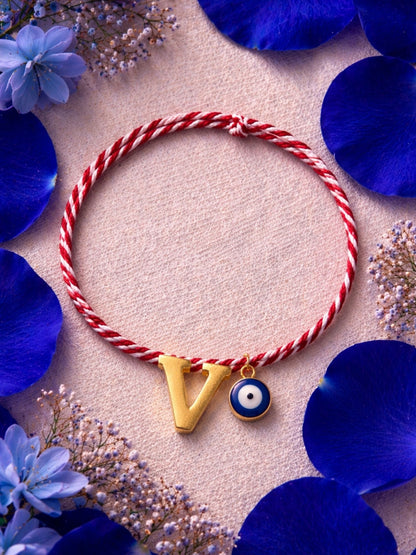 A TO Z Name Initial Letter Rakhi Bracelet With Dark Blue Evil Eye Charm for Bhai Bhaiya