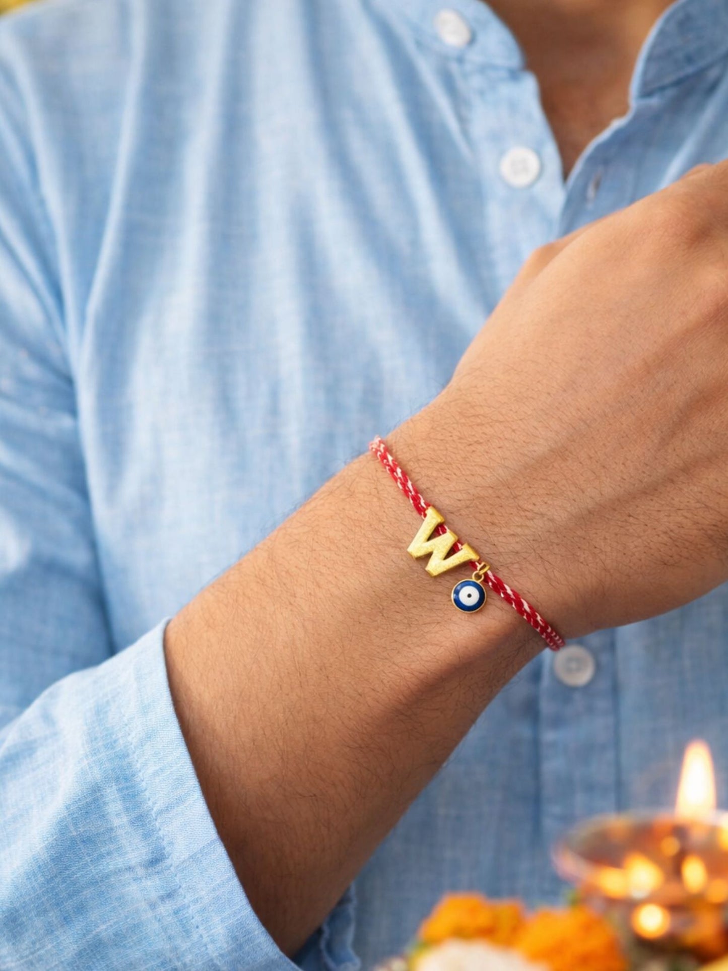 A TO Z Name Initial Letter Rakhi Bracelet With Dark Blue Evil Eye Charm for Bhai Bhaiya