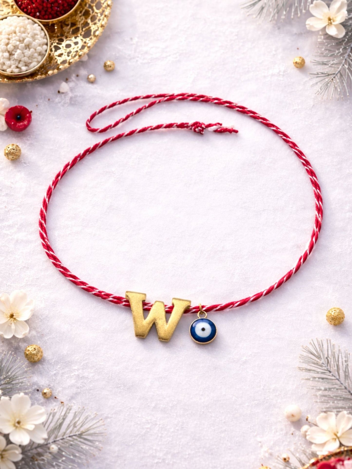 A TO Z Name Initial Letter Rakhi Bracelet With Dark Blue Evil Eye Charm for Bhai Bhaiya
