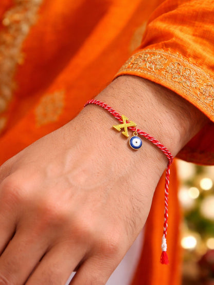 A TO Z Name Initial Letter Rakhi Bracelet With Dark Blue Evil Eye Charm for Bhai Bhaiya