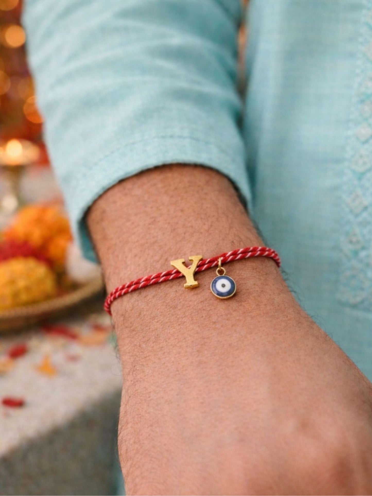 A TO Z Name Initial Letter Rakhi Bracelet With Dark Blue Evil Eye Charm for Bhai Bhaiya