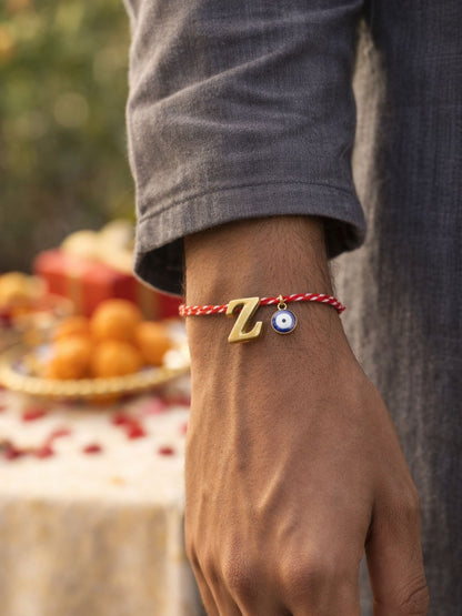 A TO Z Name Initial Letter Rakhi Bracelet With Dark Blue Evil Eye Charm for Bhai Bhaiya