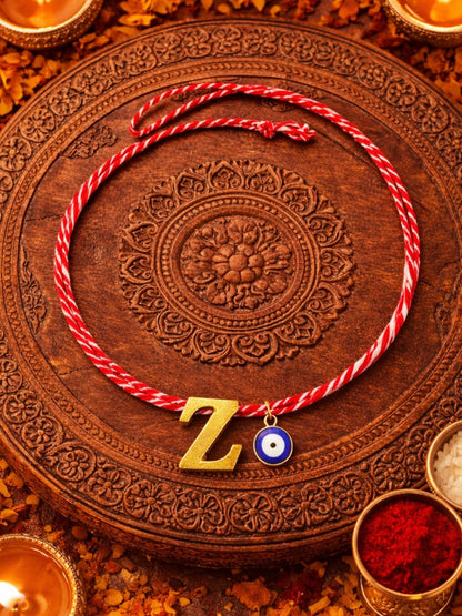 A TO Z Name Initial Letter Rakhi Bracelet With Dark Blue Evil Eye Charm for Bhai Bhaiya