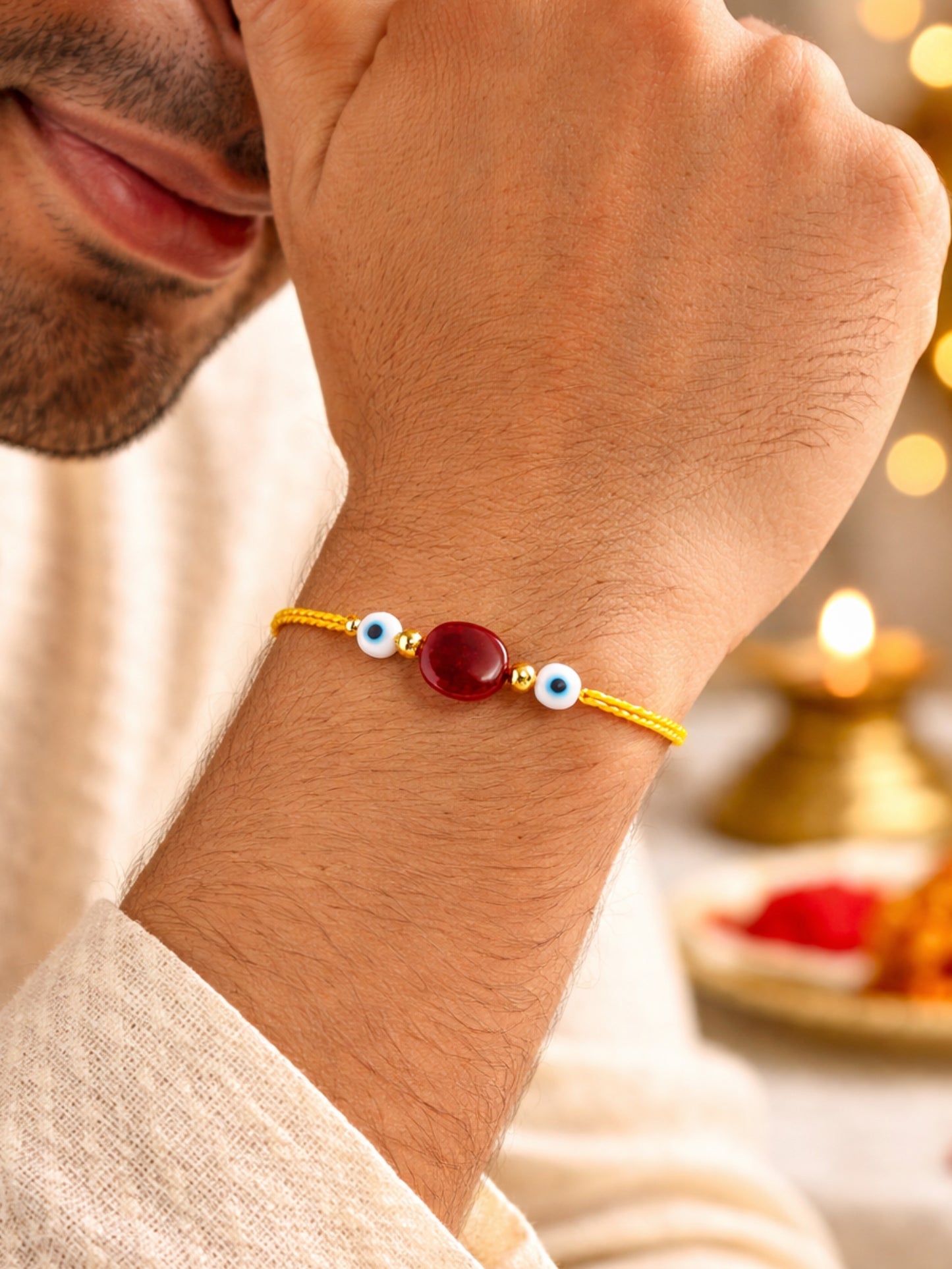 Gold-Plated Beads/Evil Eye Charm Rakhi Bracelet for Bhai Bhaiya Bro
