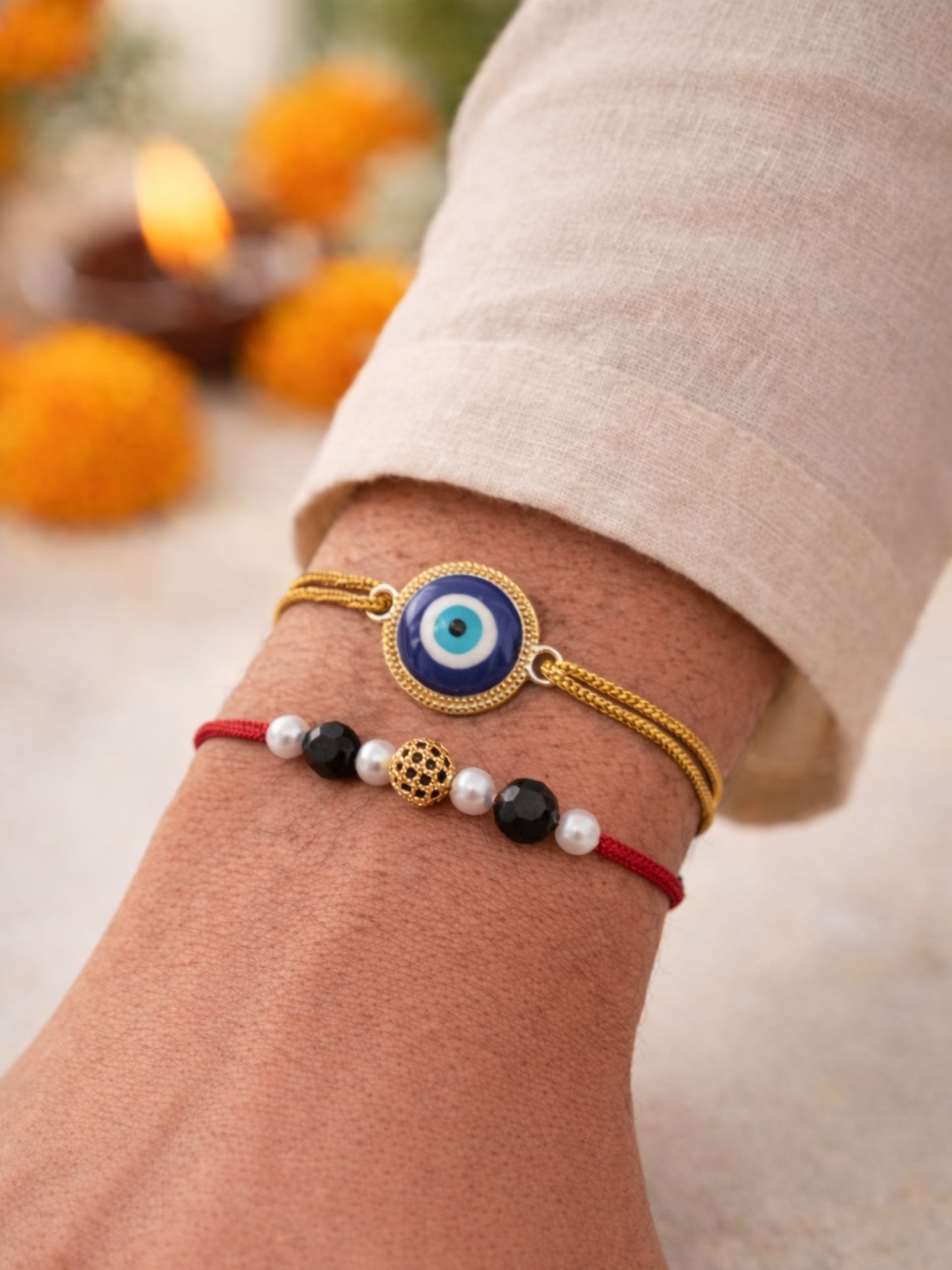 (Set of 2) Evil Eye Black Ball Bracelet Rakhi For Bhai Bhaiya Bro