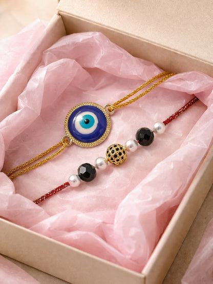 (Set of 2) Evil Eye Black Ball Bracelet Rakhi For Bhai Bhaiya Bro