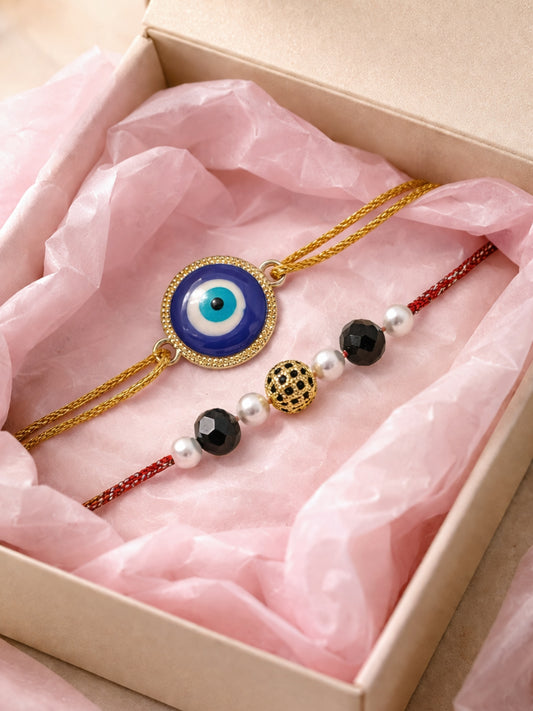 (Set of 2) Evil Eye Black Ball Bracelet Rakhi For Bhai Bhaiya Bro