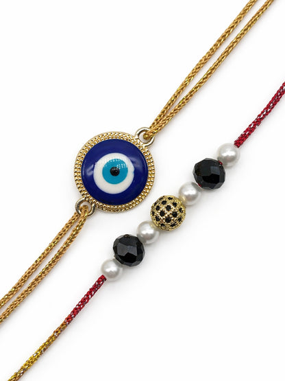 (Set of 2) Evil Eye Black Ball Bracelet Rakhi For Bhai Bhaiya Bro