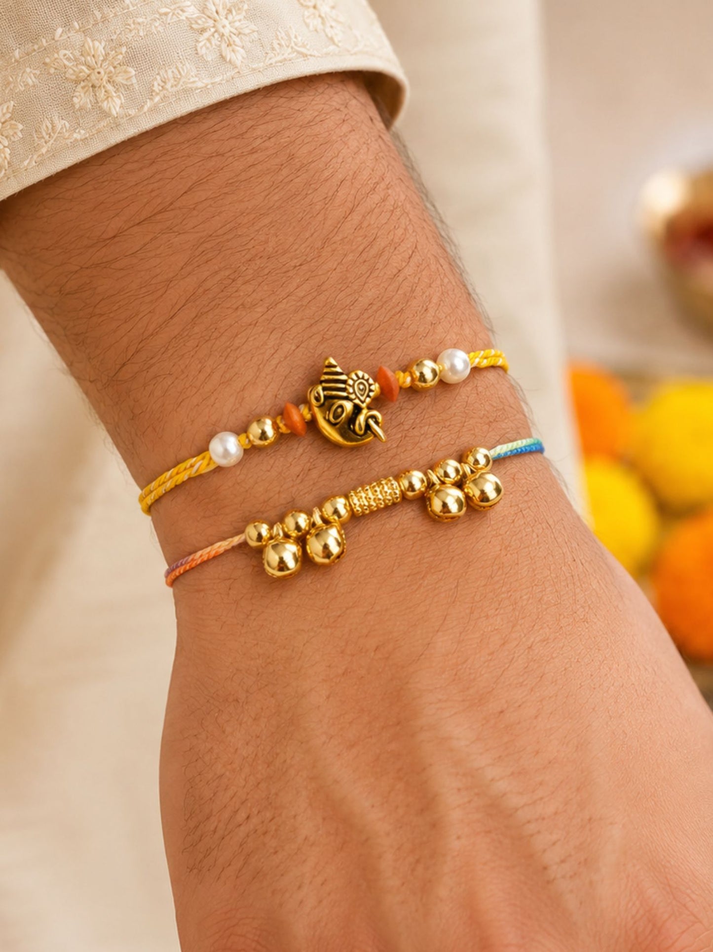 (Set of 2) Ganesha Pearl Rakhi Bracelet for Bhai Bhaiya Bro