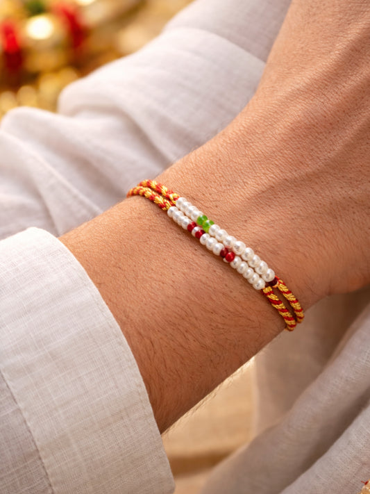Red Gold Thread Pearl Beaded Rakhi Bracelet For Bhai Bhaiya Bro
