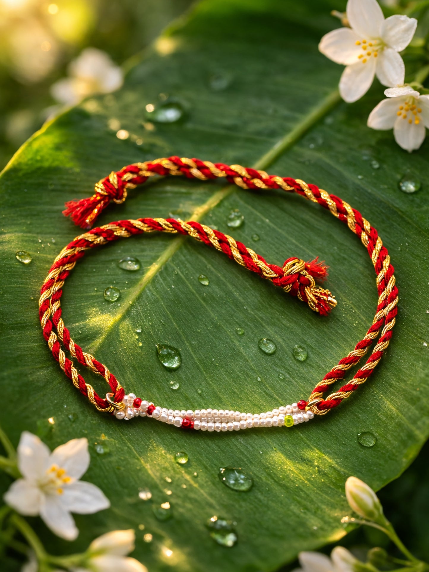 Red Gold Thread Pearl Beaded Rakhi Bracelet For Bhai Bhaiya Bro