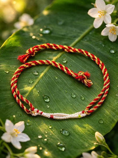Red Gold Thread Pearl Beaded Rakhi Bracelet For Bhai Bhaiya Bro