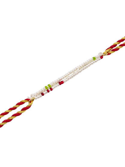 Red Gold Thread Pearl Beaded Rakhi Bracelet For Bhai Bhaiya Bro