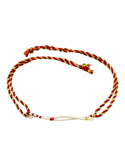 Red Gold Thread Pearl Beaded Rakhi Bracelet For Bhai Bhaiya Bro
